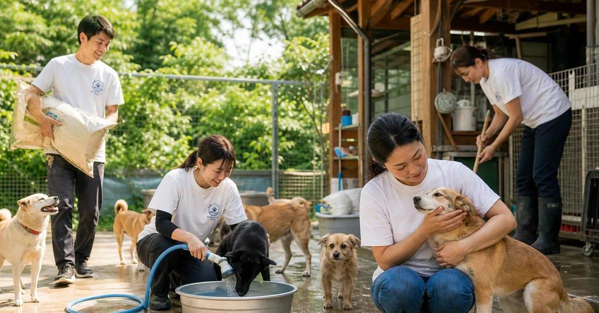 Equipe cuidando de cães